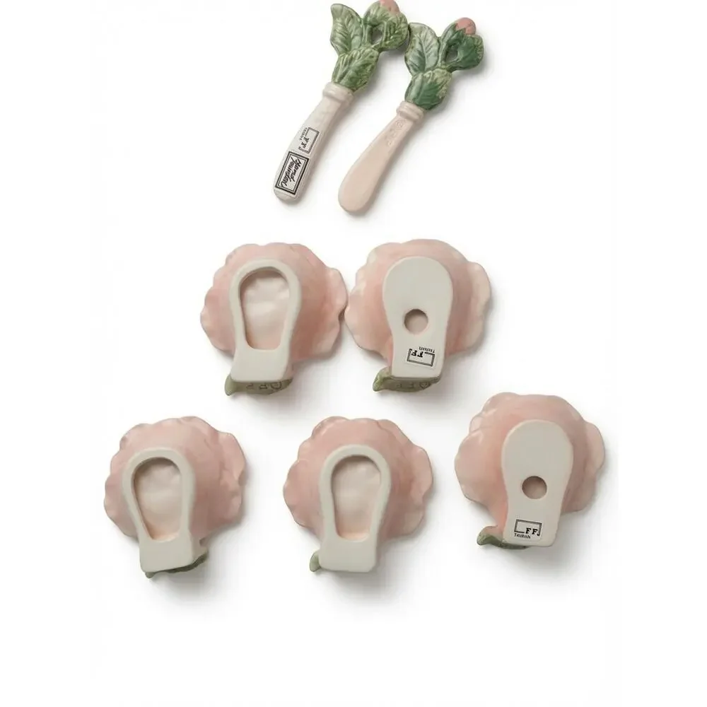 Fitz and Floyd Pink Rose Canape Dish Set with Spreader Knives 7 Piece